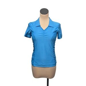 Athleta Shirt Womens XS Blue Ruched V-Neck Collared Short Sleeve Golf Tennis‎